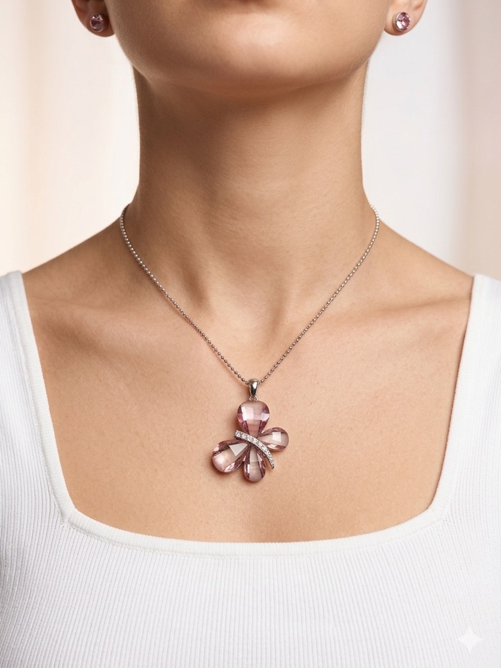 Purple Butterfly Necklace & Stud Earrings Set | Silver Tone Rhinestone Jewelry